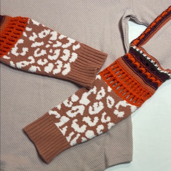 Free People Cream and Orange Cowl Neck Sweater with Geometric Pattern - Picture 3 of 12